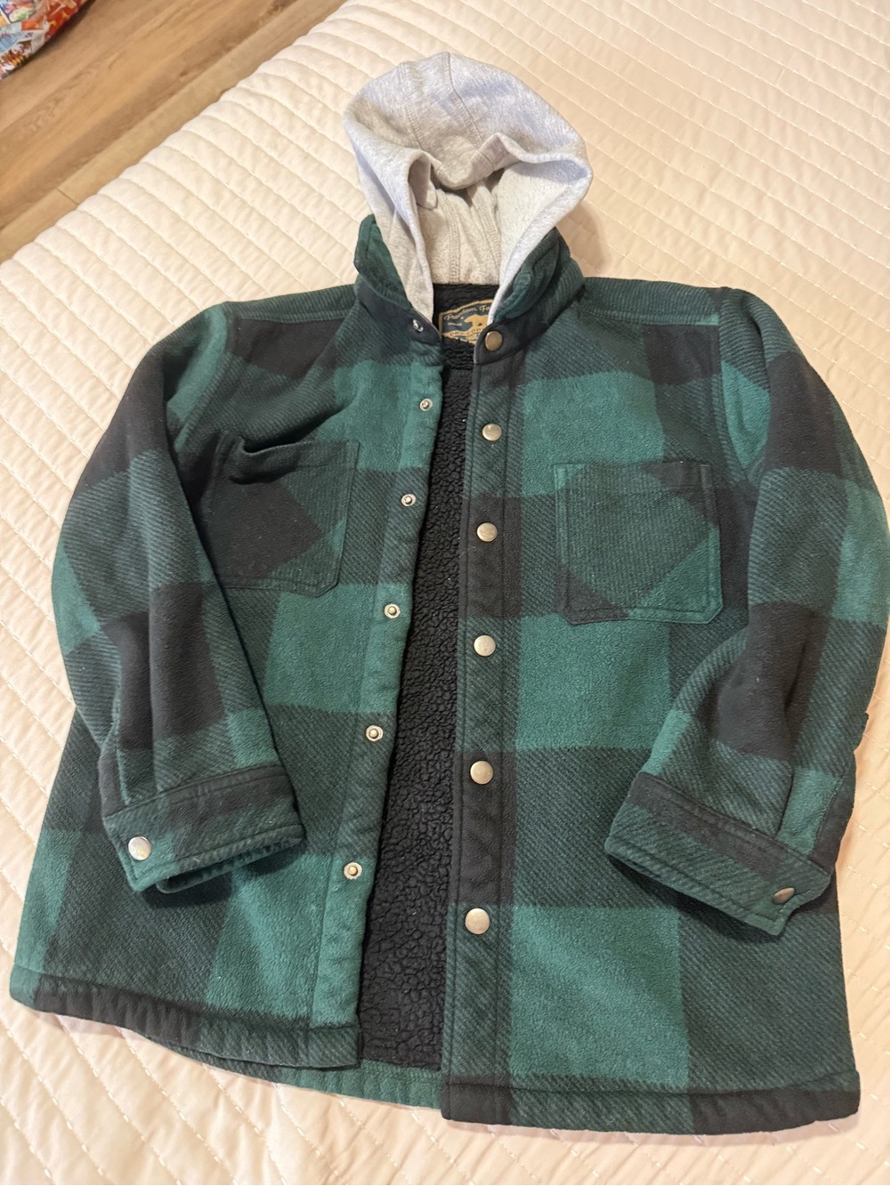 Kids Green & Black Plaid Hooded Sherpa-Lined Jacket